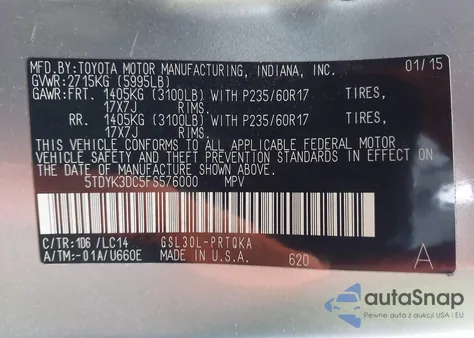 2015 Toyota Sienna Xle 8 Passenger from USA, damaged, VIN 5TDYK3DC5FS576000